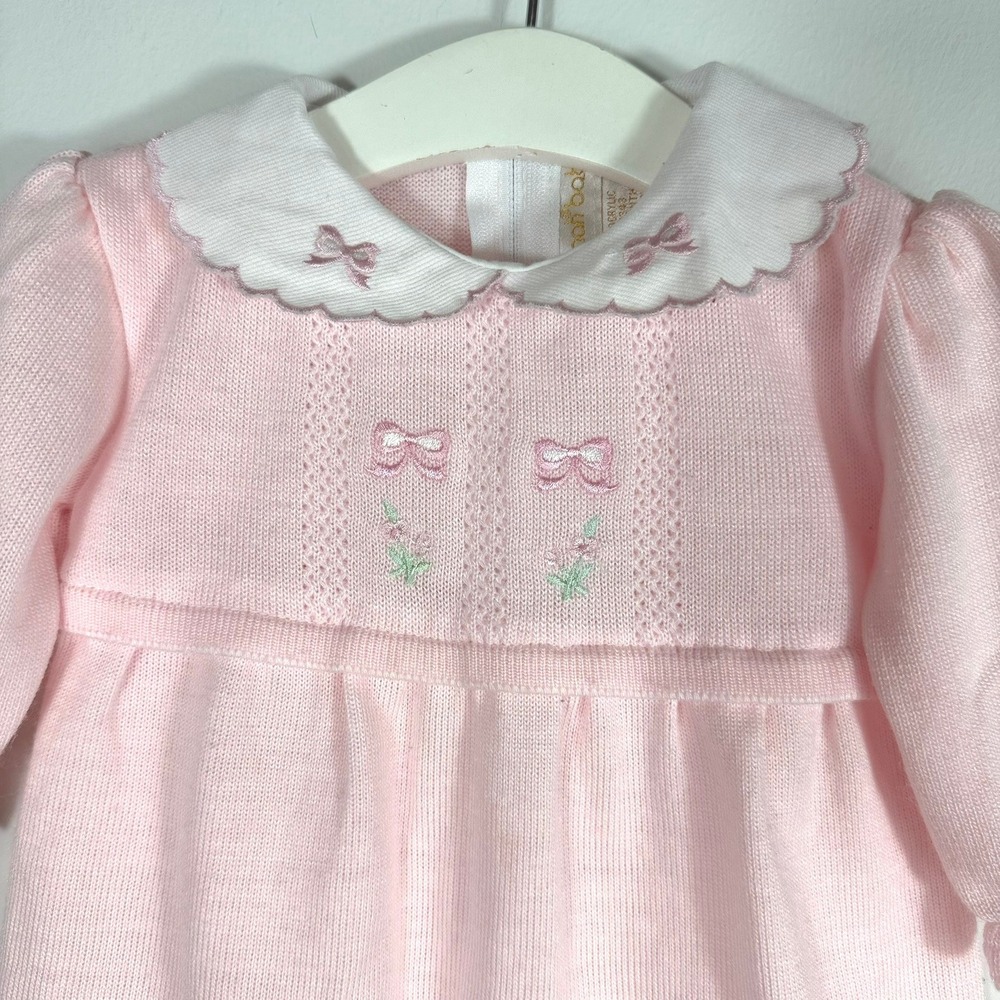 Savannah Baby Pink Knit Footed Romper Embroidered Peter Pan Collar 3 Months